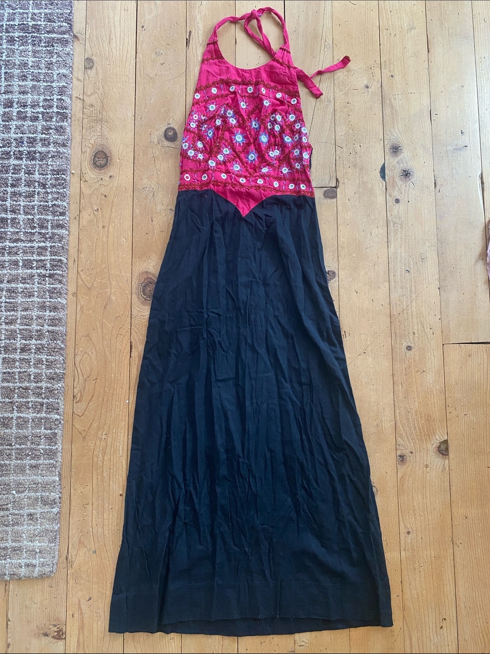 vintage handmade Pink Black Halter Maxi Dress linen zip closure XS small